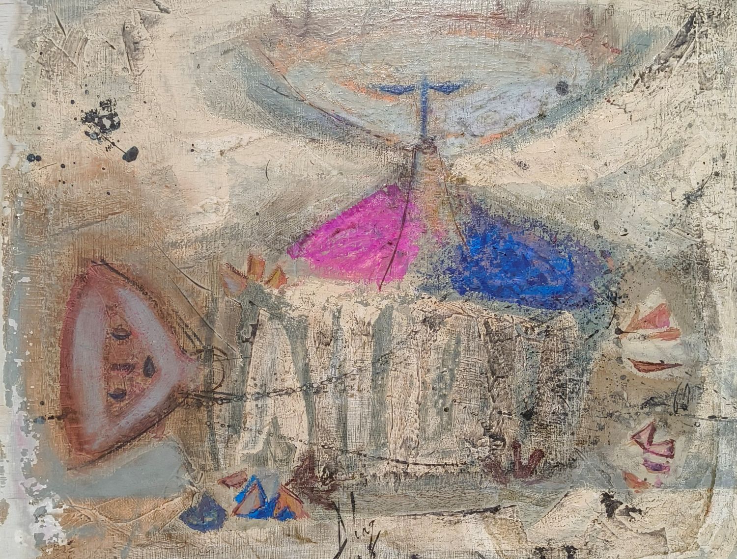 Guy Pro-Diaz. Huile sur Panneau intitulée "La chola y Uockalla " et datée de 1960. 38x46 cm.