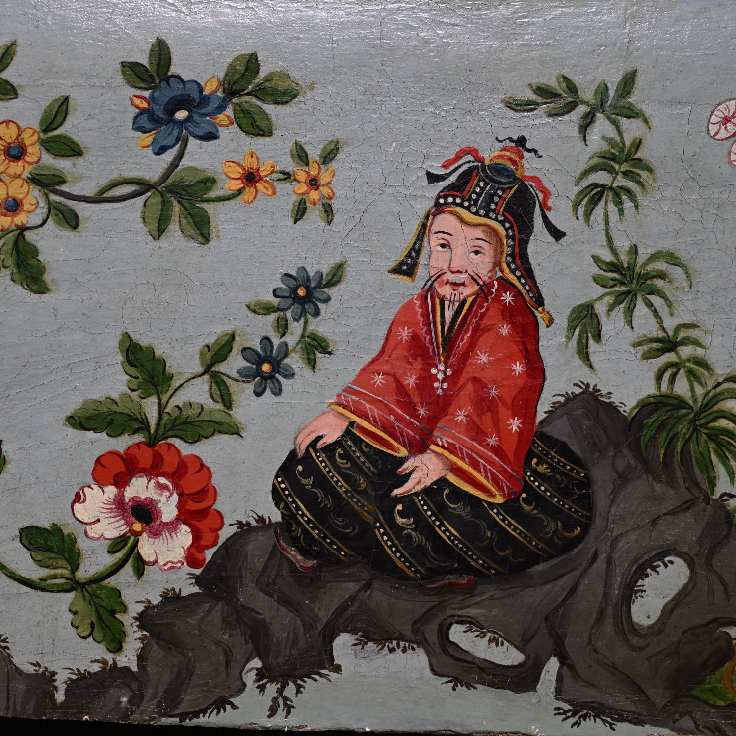 "Chinoiserie", élément de boiserie du XIXème. Huile sur toile. 34 x 115 cm.