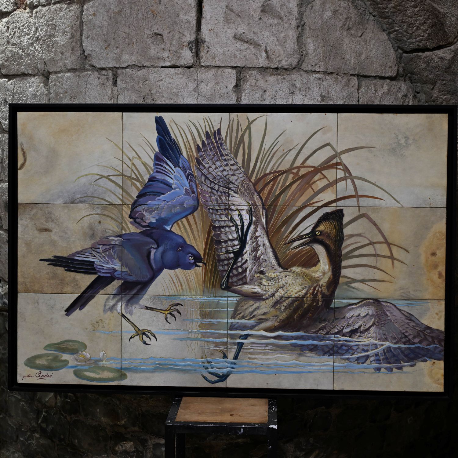 Gaston André (1884-1970). "Busard et butor". Huile sur parchemin (réunion de 12 panneaux). 80 x 125 cm. 