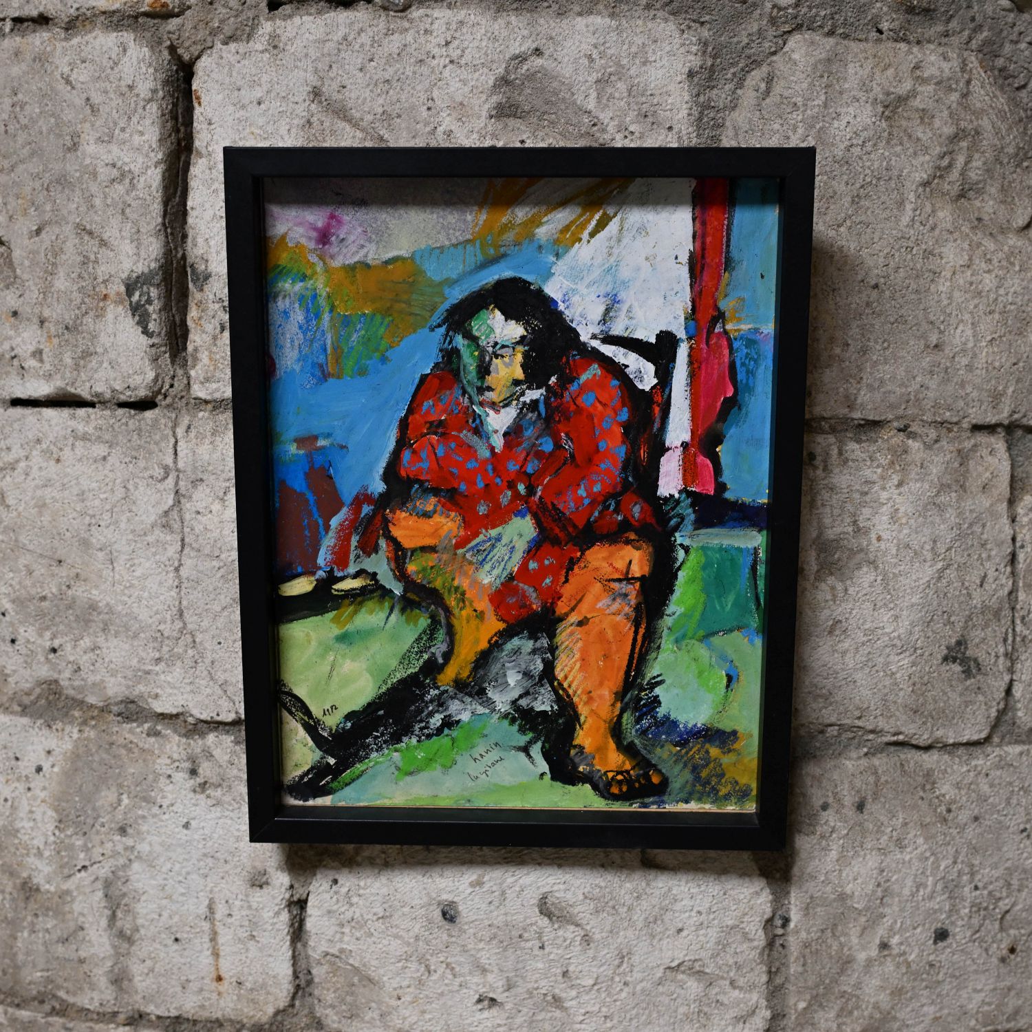 Serge Hanin (né en 1945).Technique mixte sur panneau titrée " La gitane " et daté de 1982. 35 x 27 cm. 