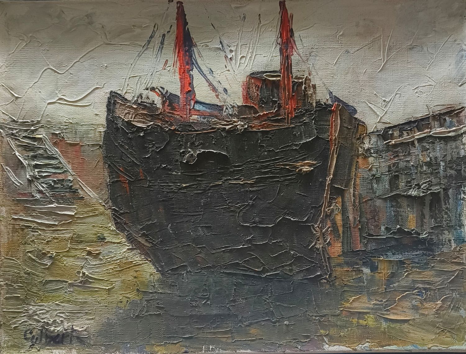 Bateau de pêche au port à sec. Huile sur toile signée Gilbert (?). 30 x 40 cm.