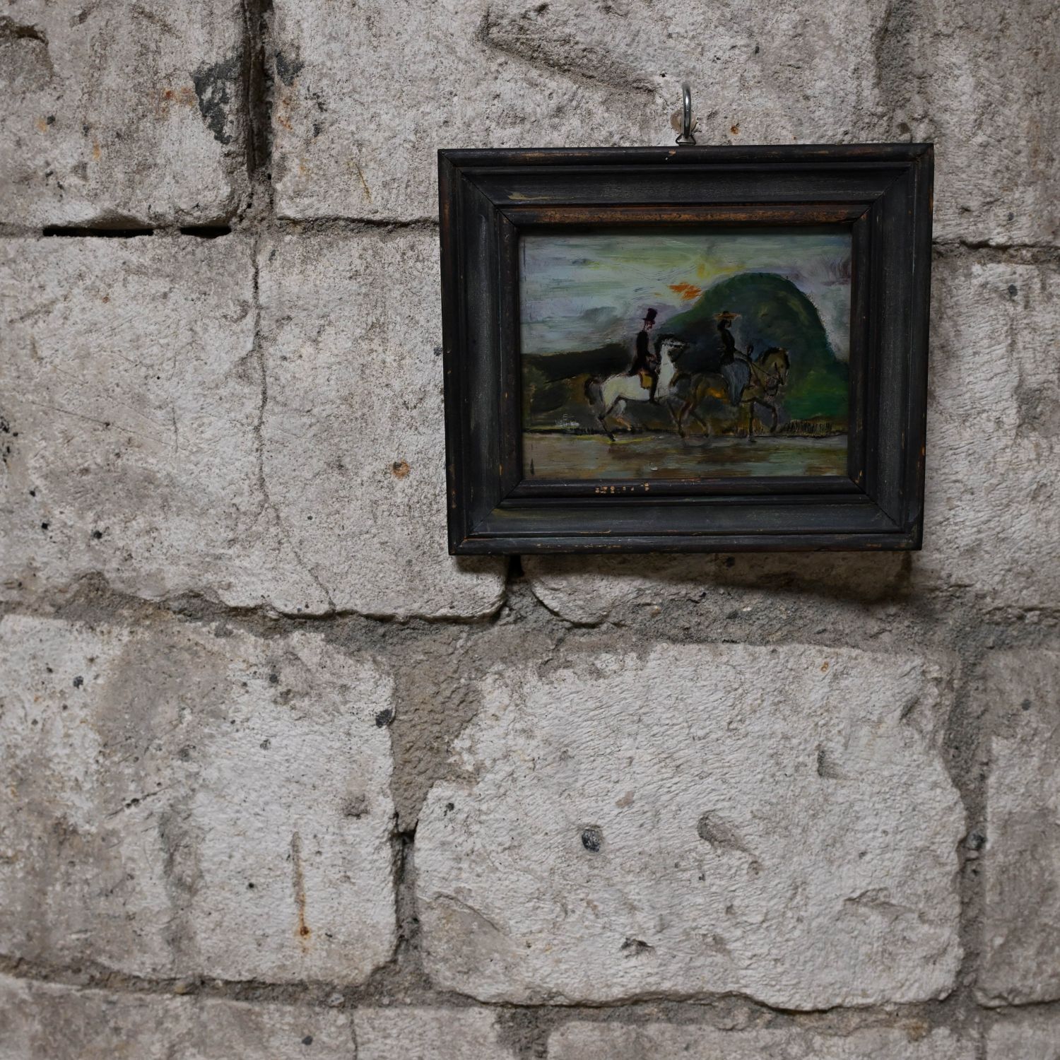 Erich WULZ (1906-1984). Peinture inversée sur verre signée et datée de 1953  au verso et titrée au dos "Salzburg", "Reiterpaar". 11,5 x 15 cm.