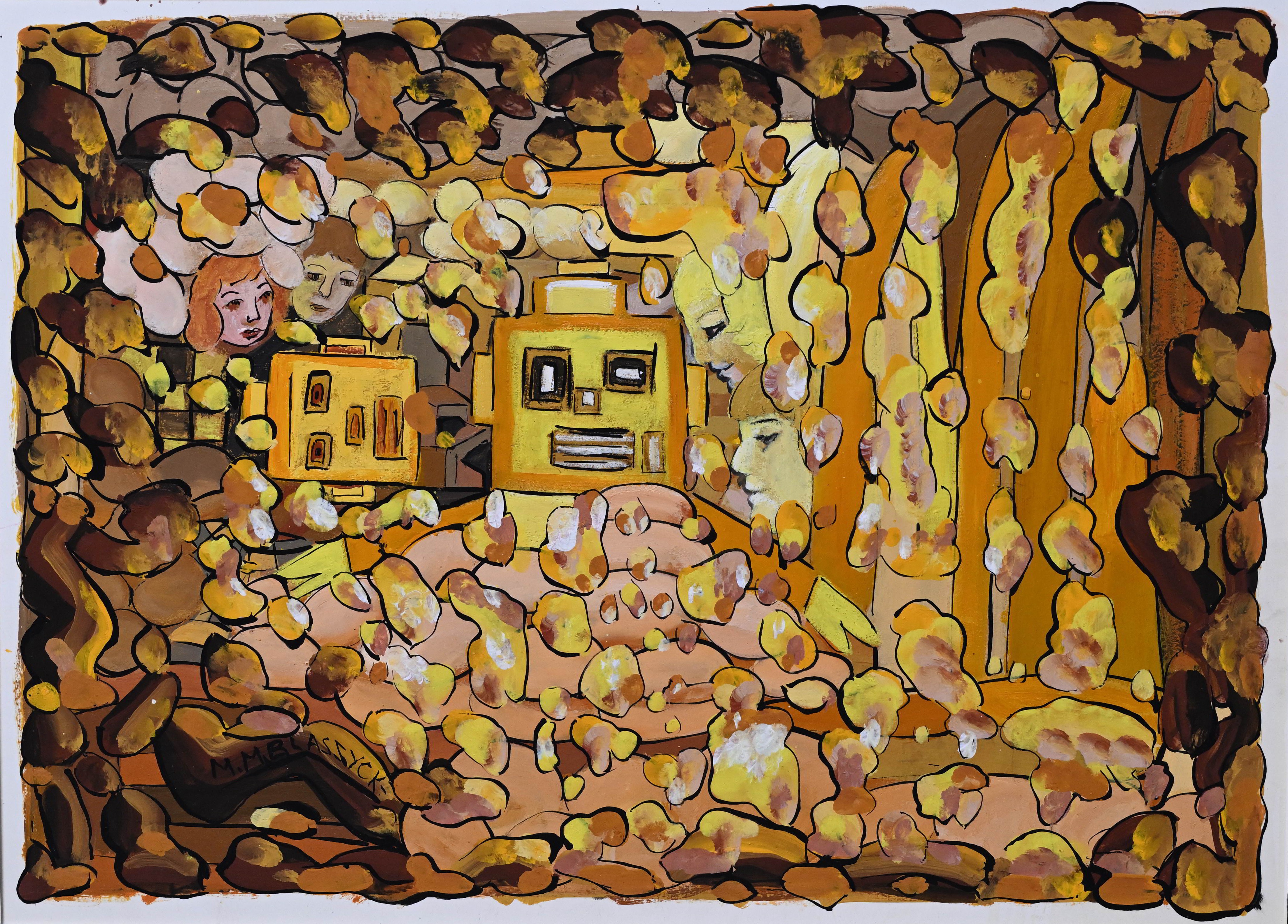 Marie-Madeleine Blaszyck (1904-2003), composition jaune aux personnages. Gouache sur papier. 36 x 51 cm.