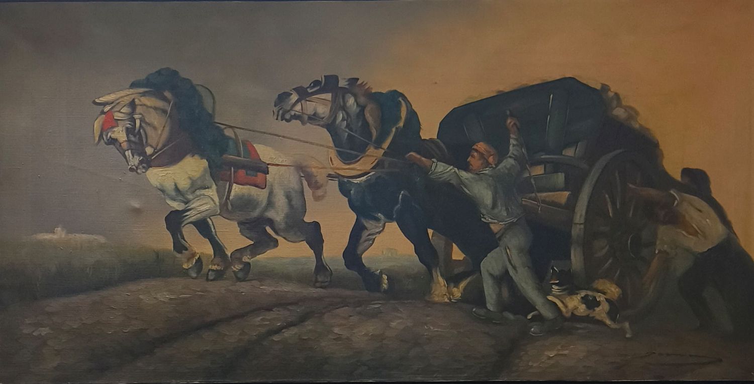 D'après "le coup de collier" de Charles Verlat (1824-1890). Huile sur toile signée Douven (?). 50 x 100 cm.