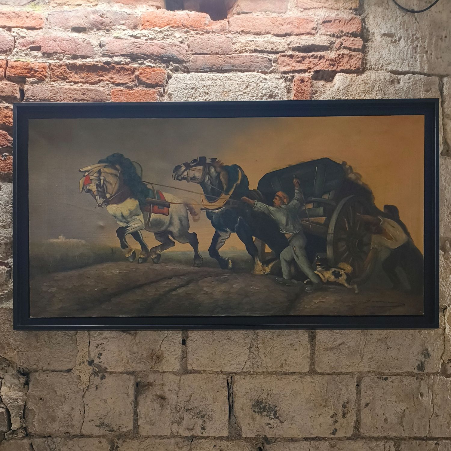 D'après "le coup de collier" de Charles Verlat (1824-1890). Huile sur toile signée Douven (?). 50 x 100 cm.