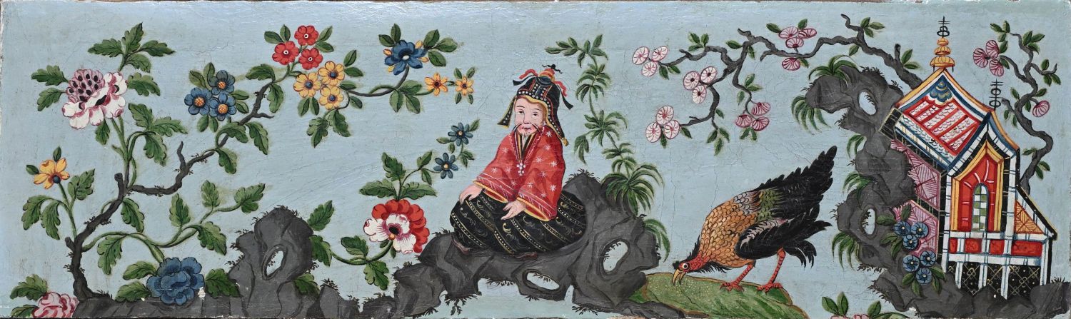 "Chinoiserie", élément de boiserie du XIXème. Huile sur toile. 34 x 115 cm.