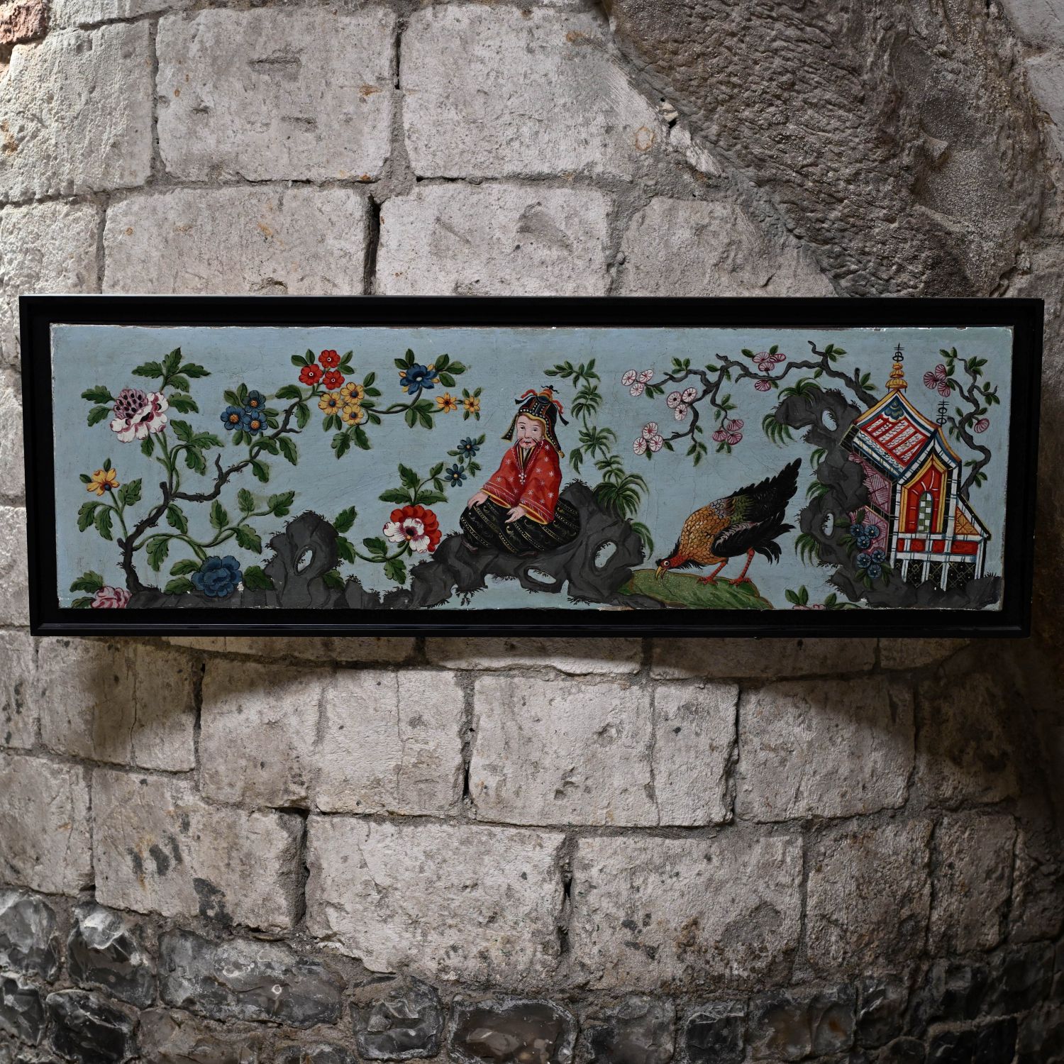 "Chinoiserie", élément de boiserie du XIXème. Huile sur toile. 34 x 115 cm.