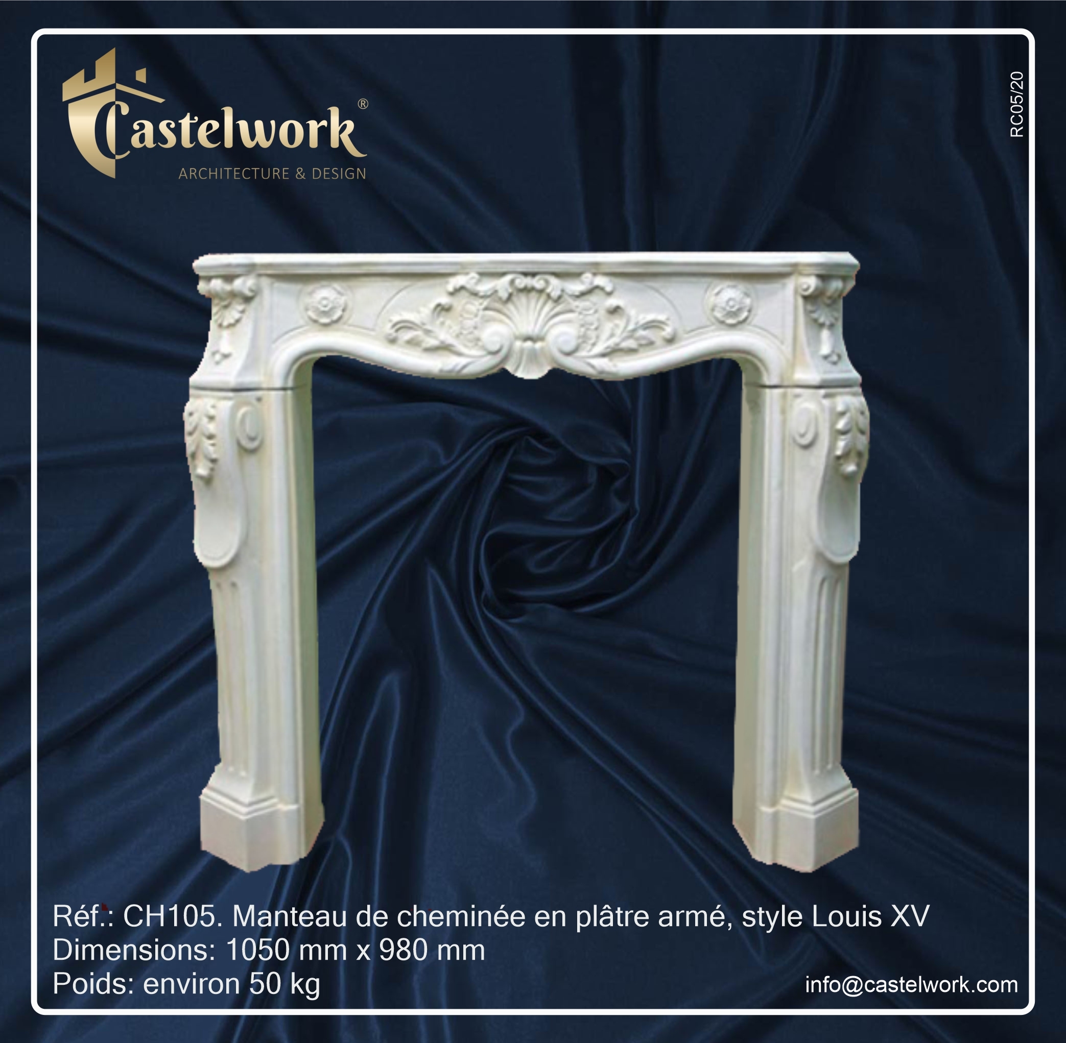 PROMO -10 % ! Manteau de cheminée en plâtre armé, style Louis XV. CH105.