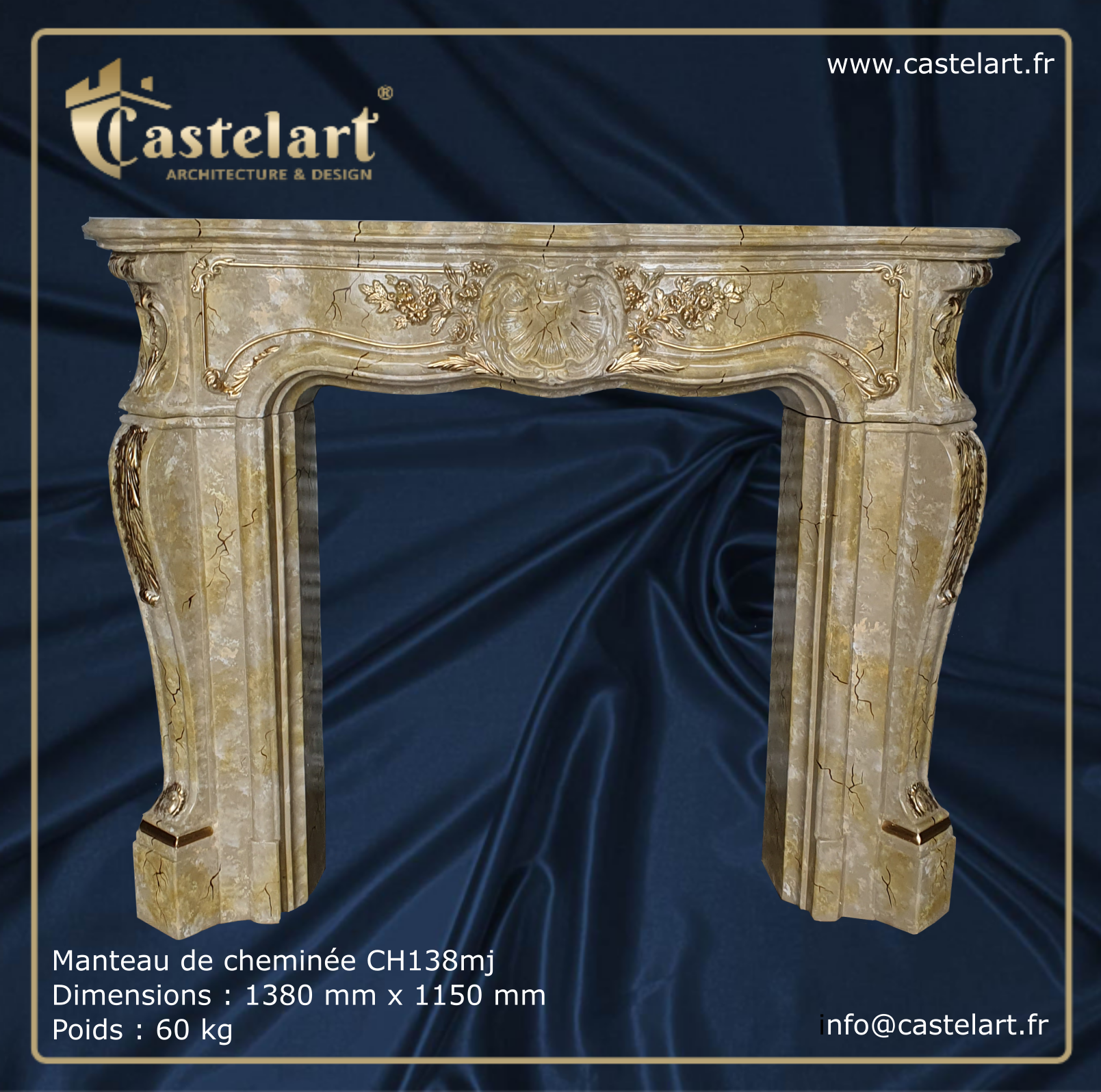 Manteau de cheminée en plâtre armé, style Louis XV. CH138mj (imitation marbre jaune de Sienne).