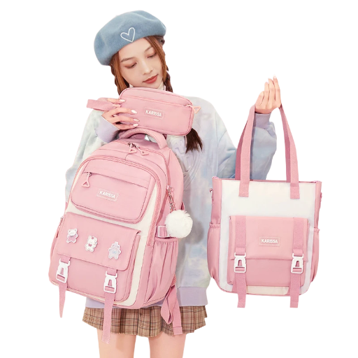 Custom Pink School Bag Set for Girls – 3-in-1 Backpack, Lunch Bag & Pencil Case | Lightweight & Durable | OEM Available