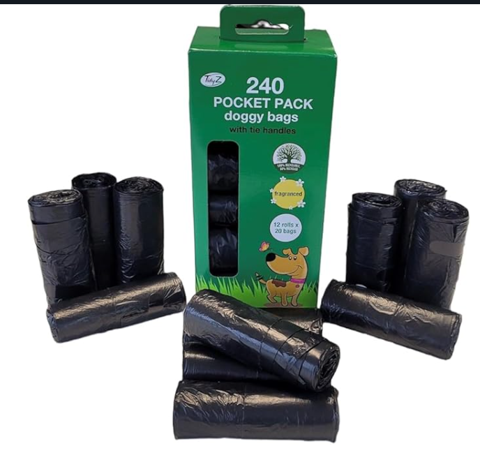 TidyZ 240 DOGGY BAGS WITH TIE HANDLES, POCKET PACK, FRAGRANCED, BLACK (12 rolls of 20 Bags)