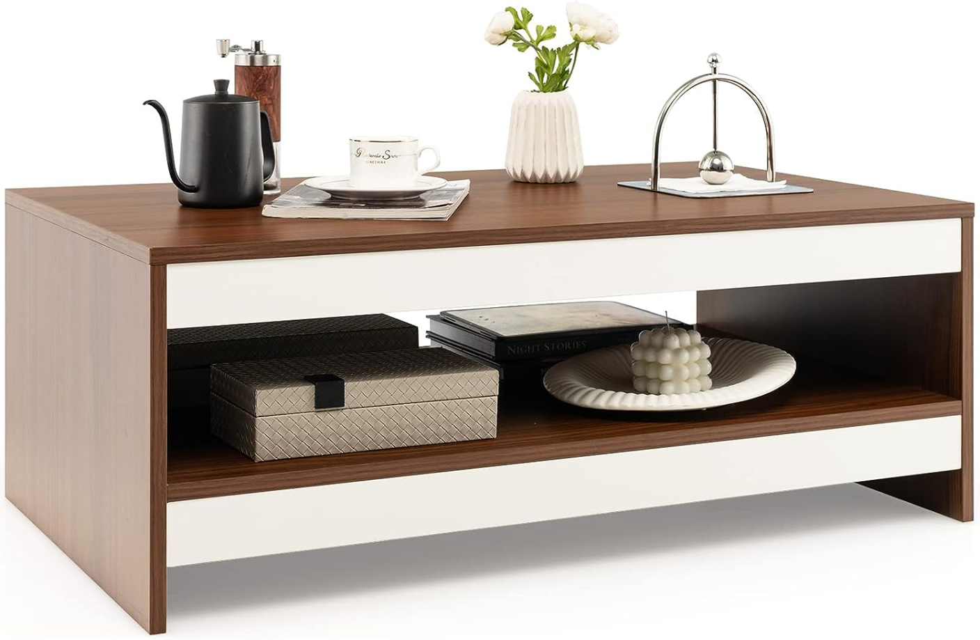 Modern Coffee Table for Living Room, 2-Tier Rectangle Coffee Table with 37 Large Tabletop and Open Shelf, Wood Central Tea Table, Cocktail Table for Reception Office (Brown)