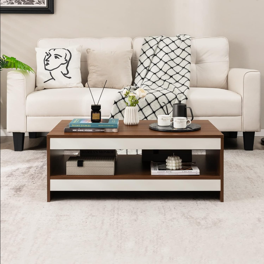 Modern Coffee Table for Living Room, 2-Tier Rectangle Coffee Table with 37 Large Tabletop and Open Shelf, Wood Central Tea Table, Cocktail Table for Reception Office (Brown)