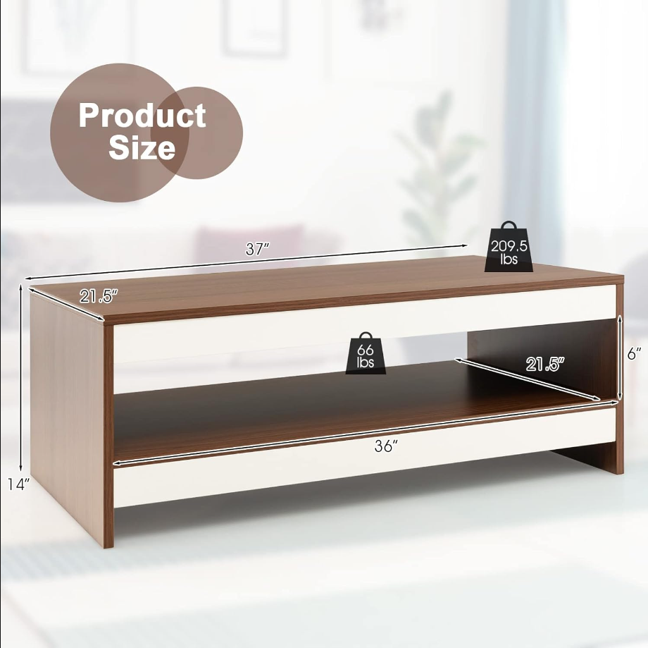 Modern Coffee Table for Living Room, 2-Tier Rectangle Coffee Table with 37 Large Tabletop and Open Shelf, Wood Central Tea Table, Cocktail Table for Reception Office (Brown)