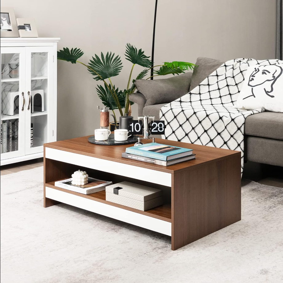 Modern Coffee Table for Living Room, 2-Tier Rectangle Coffee Table with 37 Large Tabletop and Open Shelf, Wood Central Tea Table, Cocktail Table for Reception Office (Brown)