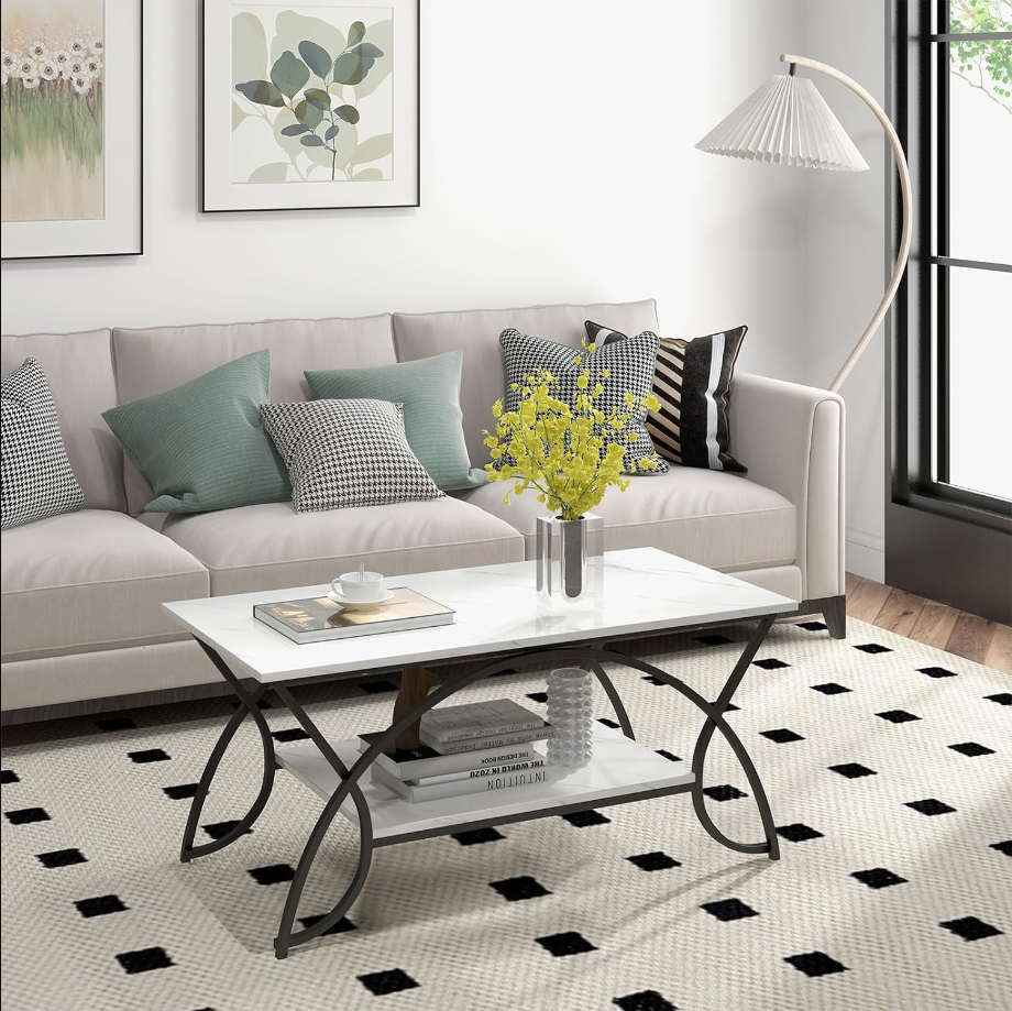 2-Tier Rectangular Coffee Table, Faux Marble Table with Open Storage Shelf, Black Finished Metal Frame, Modern Center Table for Living Room, Reception Room (White+Black)