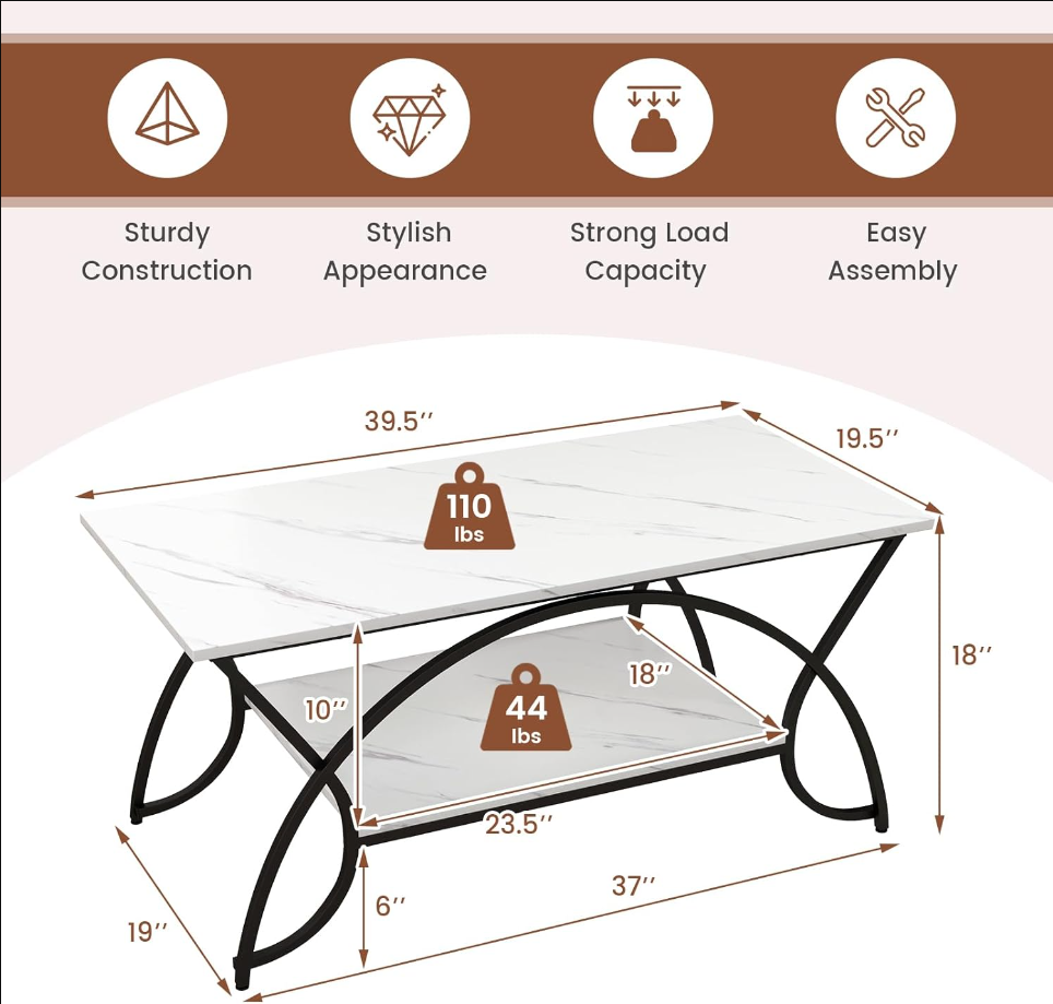 2-Tier Rectangular Coffee Table, Faux Marble Table with Open Storage Shelf, Black Finished Metal Frame, Modern Center Table for Living Room, Reception Room (White+Black)