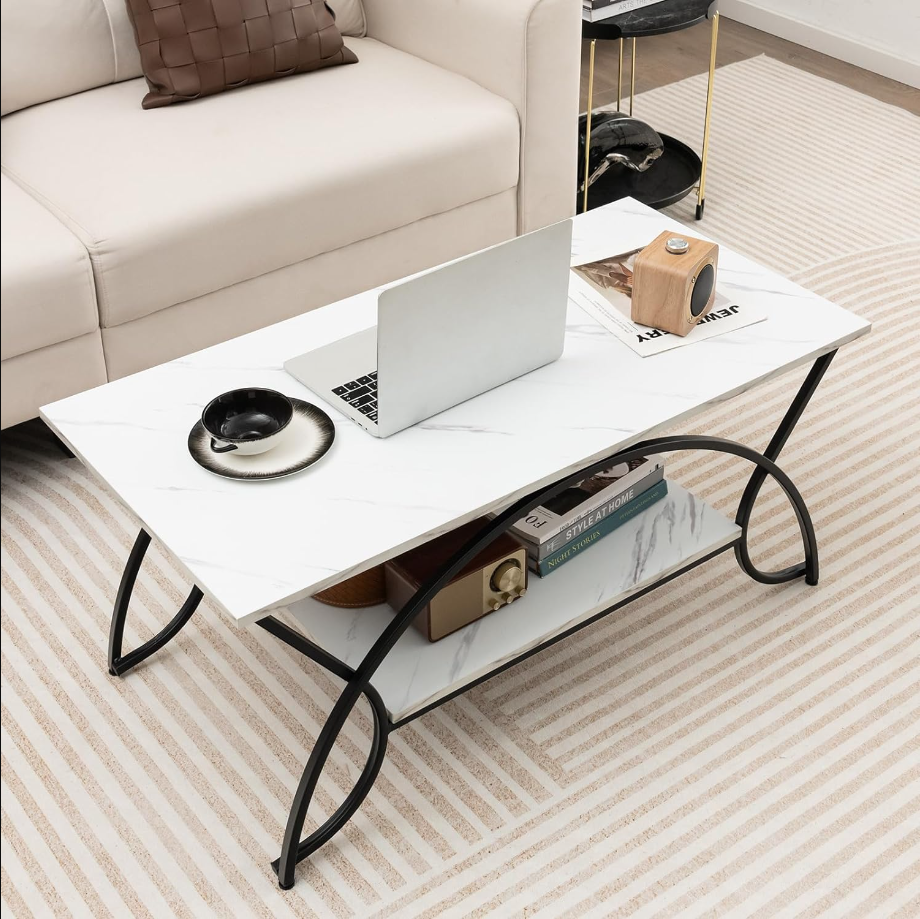 2-Tier Rectangular Coffee Table, Faux Marble Table with Open Storage Shelf, Black Finished Metal Frame, Modern Center Table for Living Room, Reception Room (White+Black)