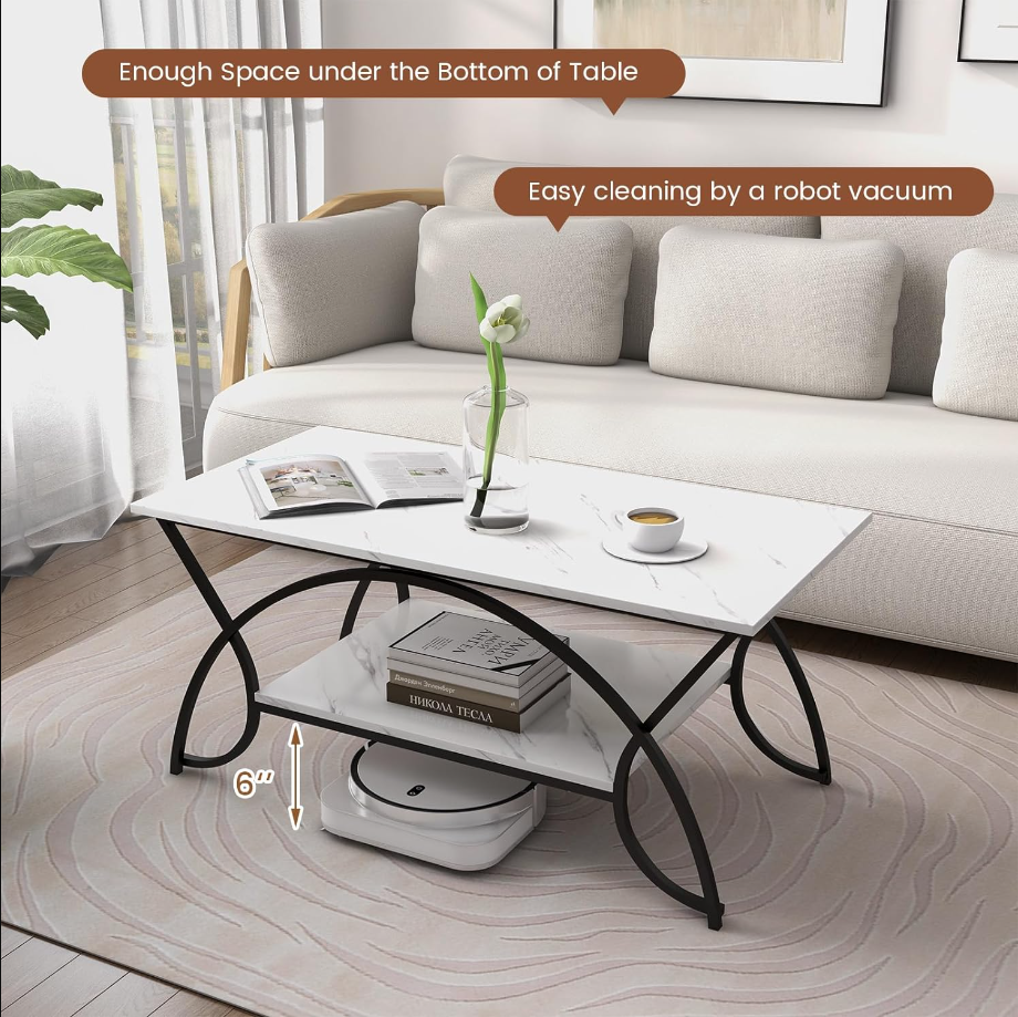 2-Tier Rectangular Coffee Table, Faux Marble Table with Open Storage Shelf, Black Finished Metal Frame, Modern Center Table for Living Room, Reception Room (White+Black)