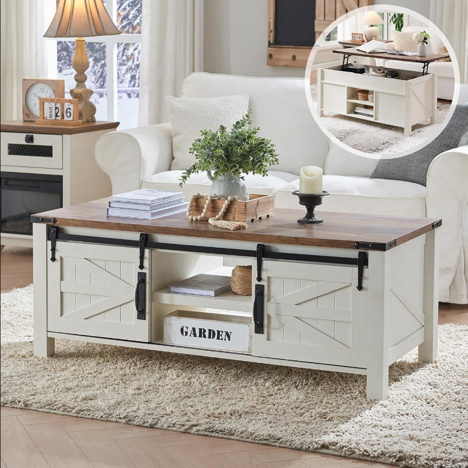 48 Farmhouse Lift Top Coffee Table with Sliding Barn Door,Rustic Center Table with Hidden Storage Compartment,Lifting Tabletop and Adjustable Shelf for Living Room,Office,Antique White