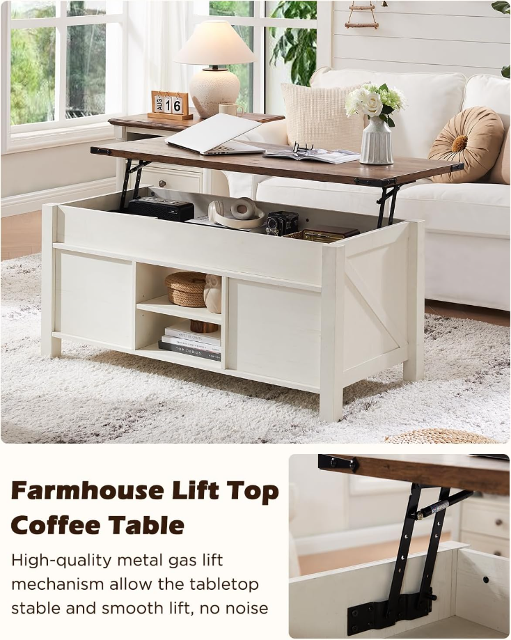 48 Farmhouse Lift Top Coffee Table with Sliding Barn Door,Rustic Center Table with Hidden Storage Compartment,Lifting Tabletop and Adjustable Shelf for Living Room,Office,Antique White