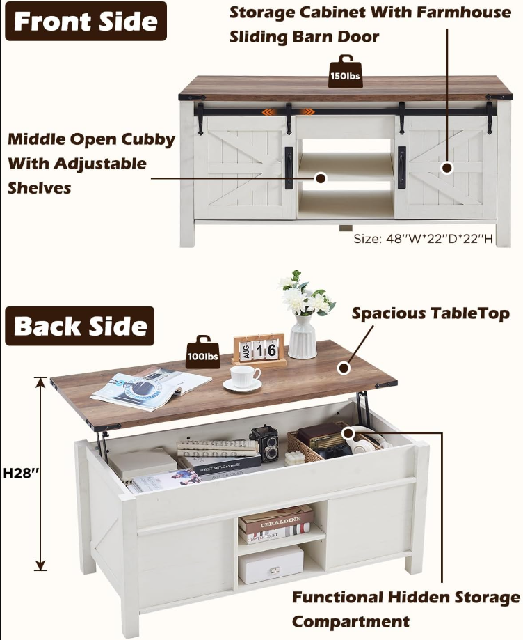 48 Farmhouse Lift Top Coffee Table with Sliding Barn Door,Rustic Center Table with Hidden Storage Compartment,Lifting Tabletop and Adjustable Shelf for Living Room,Office,Antique White