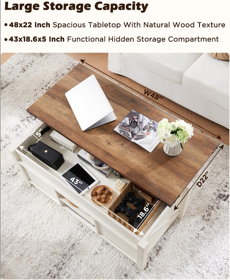 48 Farmhouse Lift Top Coffee Table with Sliding Barn Door,Rustic Center Table with Hidden Storage Compartment,Lifting Tabletop and Adjustable Shelf for Living Room,Office,Antique White