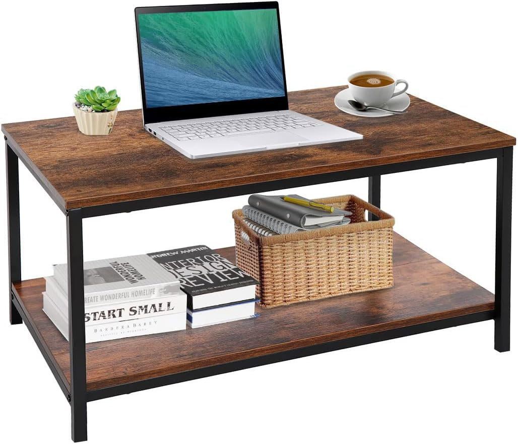 Industrial Coffee Table with Storage Shelf for Living Room, Wood Look Accent Furniture with Vintage Wooden Board Stable Metal Frame Cocktail Table 2-Tier Tea Table, Rustic Brown