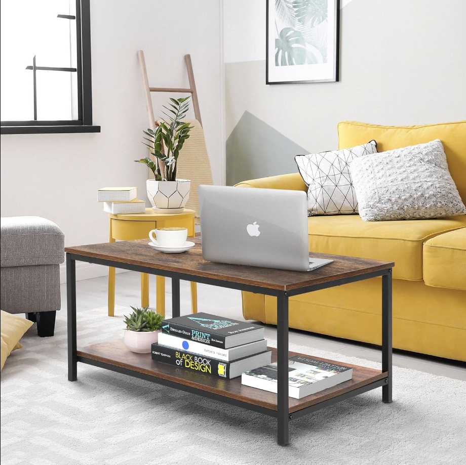 Industrial Coffee Table with Storage Shelf for Living Room, Wood Look Accent Furniture with Vintage Wooden Board Stable Metal Frame Cocktail Table 2-Tier Tea Table, Rustic Brown