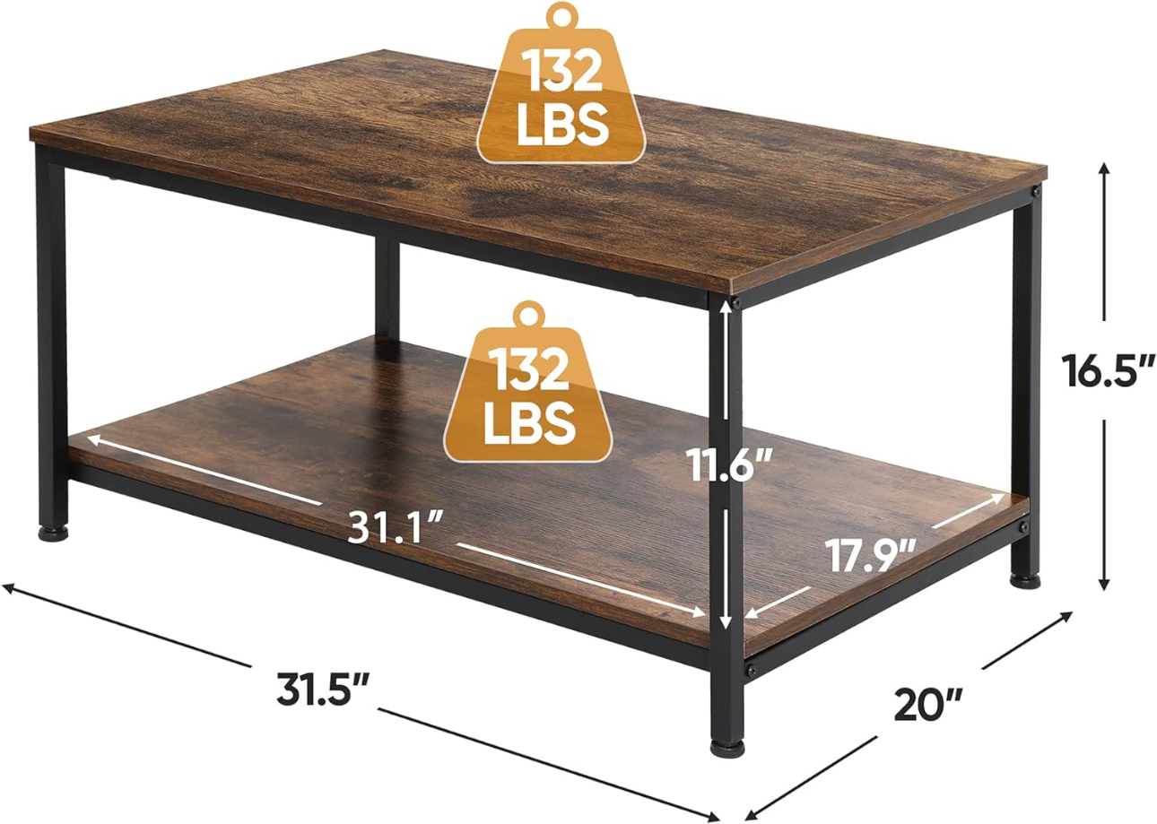 Industrial Coffee Table with Storage Shelf for Living Room, Wood Look Accent Furniture with Vintage Wooden Board Stable Metal Frame Cocktail Table 2-Tier Tea Table, Rustic Brown