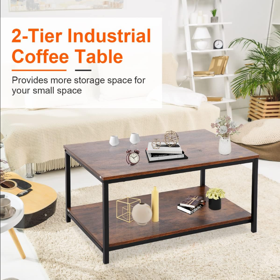 Industrial Coffee Table with Storage Shelf for Living Room, Wood Look Accent Furniture with Vintage Wooden Board Stable Metal Frame Cocktail Table 2-Tier Tea Table, Rustic Brown