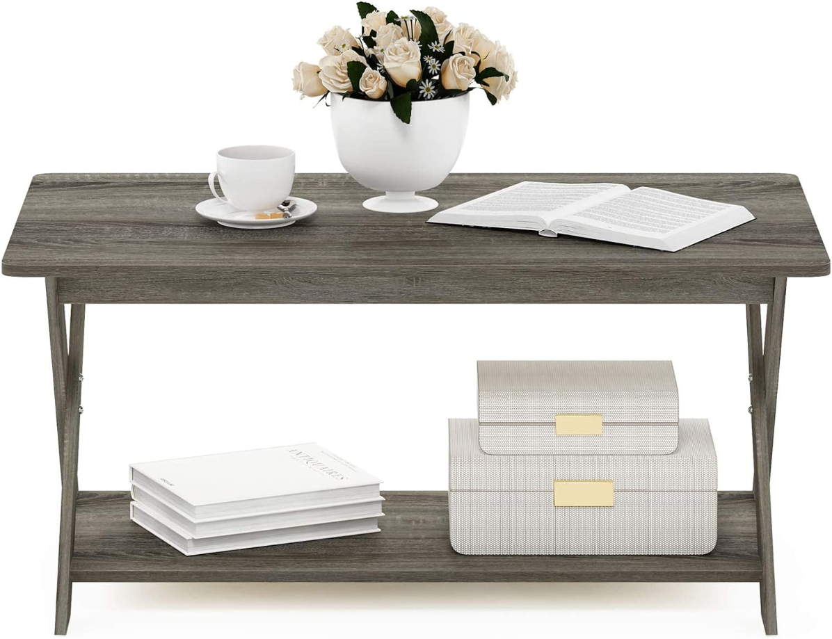 Modern Simplistic Criss-Crossed Coffee Table, 35.4 in x 19.6 in x 16 in, French Oak Grey