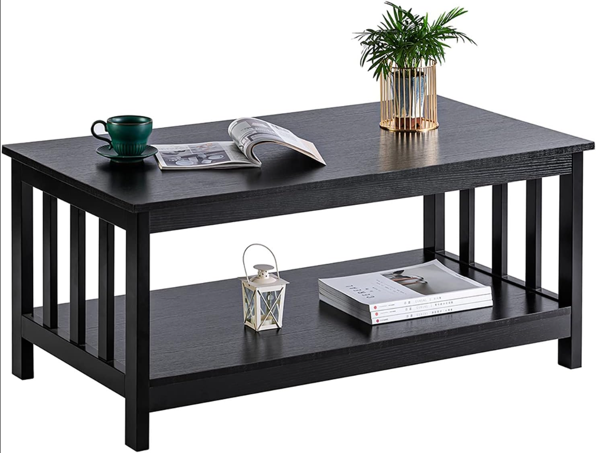 Mission Coffee Table, Black Wood Living Room Table with Shelf, 40 Black