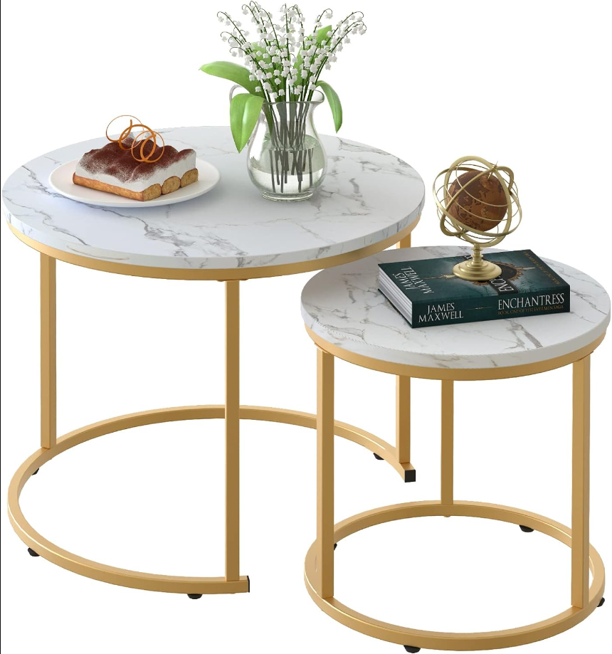 Coffee Table Nesting White Set of 2 Side Set Golden Frame Circular and Marble Pattern Wooden Tables, Living Room Bedroom Apartment Modern Industrial Simple Nightstand