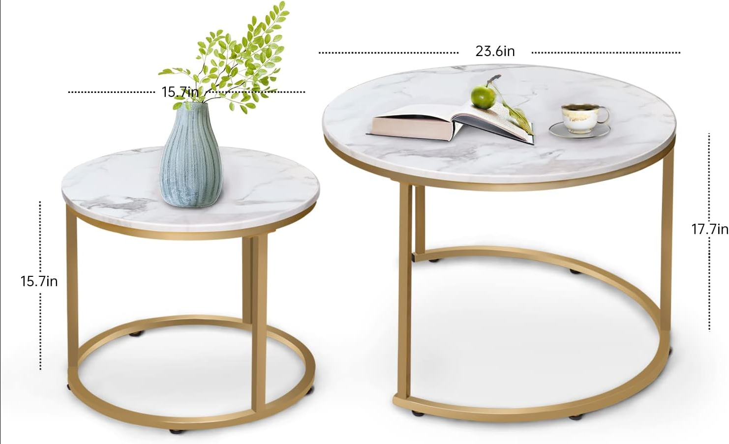 Coffee Table Nesting White Set of 2 Side Set Golden Frame Circular and Marble Pattern Wooden Tables, Living Room Bedroom Apartment Modern Industrial Simple Nightstand