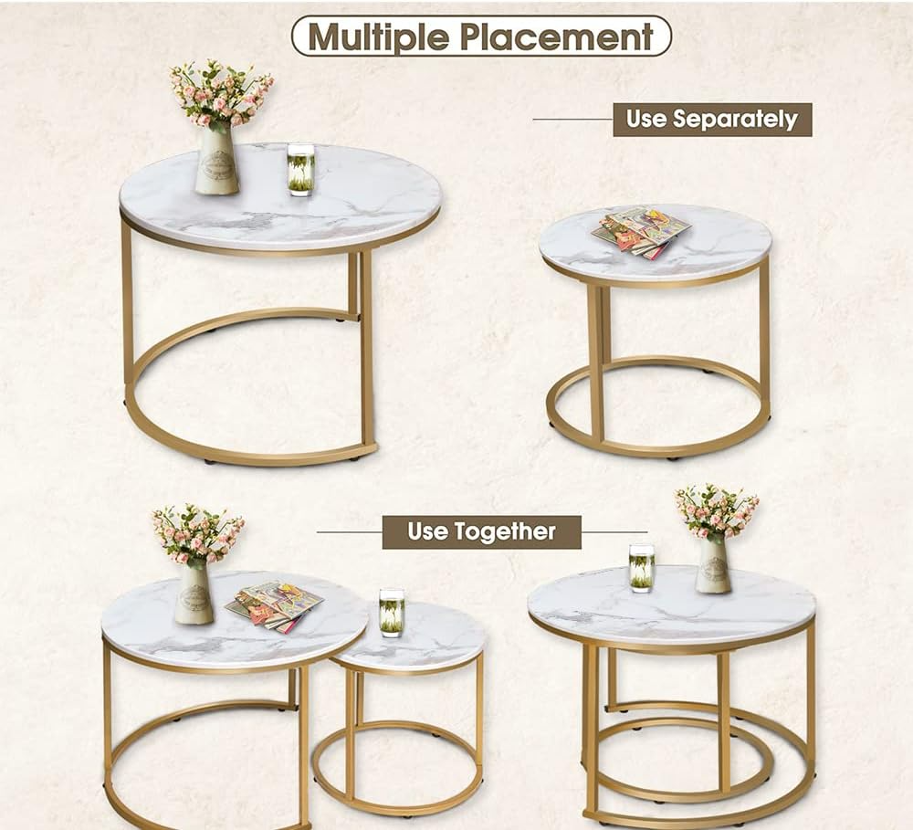 Coffee Table Nesting White Set of 2 Side Set Golden Frame Circular and Marble Pattern Wooden Tables, Living Room Bedroom Apartment Modern Industrial Simple Nightstand