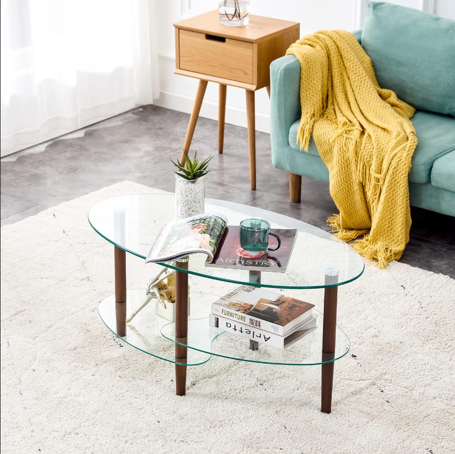 Transparent Oval Glass Coffee Table End Table, Tea Table, Grass Nest, Modern Table in Living Room Oak Wood Legs Tea Table 3-Layer Glass Table (Brown)