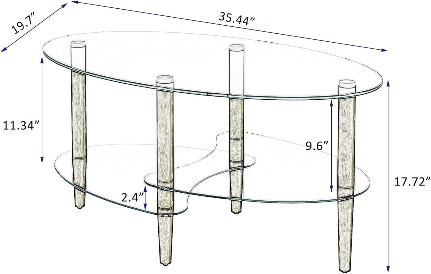 Transparent Oval Glass Coffee Table End Table, Tea Table, Grass Nest, Modern Table in Living Room Oak Wood Legs Tea Table 3-Layer Glass Table (Brown)