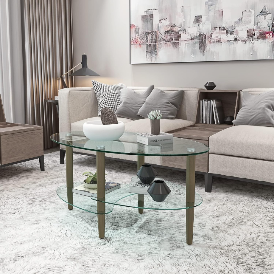Transparent Oval Glass Coffee Table End Table, Tea Table, Grass Nest, Modern Table in Living Room Oak Wood Legs Tea Table 3-Layer Glass Table (Brown)