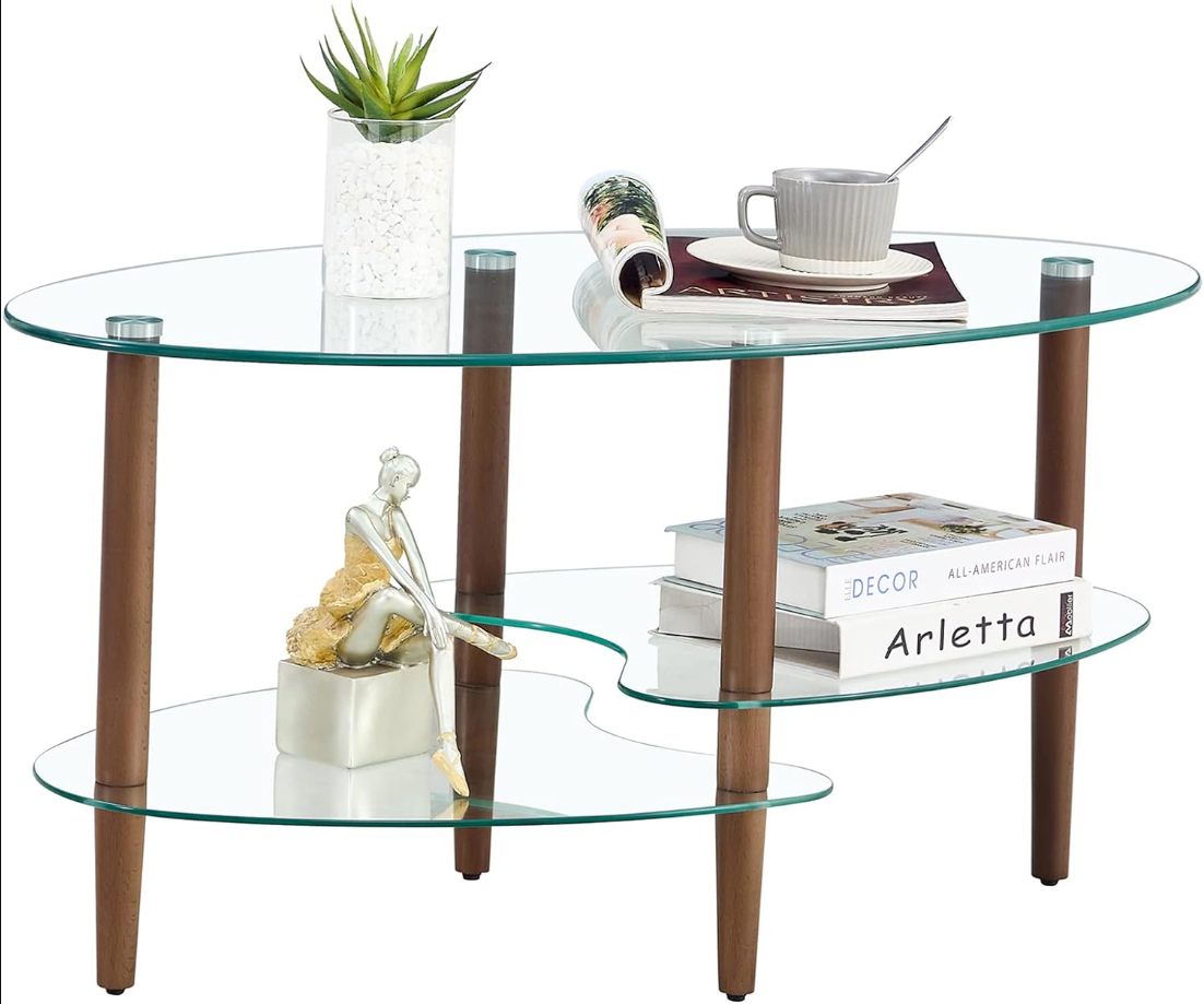 Transparent Oval Glass Coffee Table End Table, Tea Table, Grass Nest, Modern Table in Living Room Oak Wood Legs Tea Table 3-Layer Glass Table (Brown)