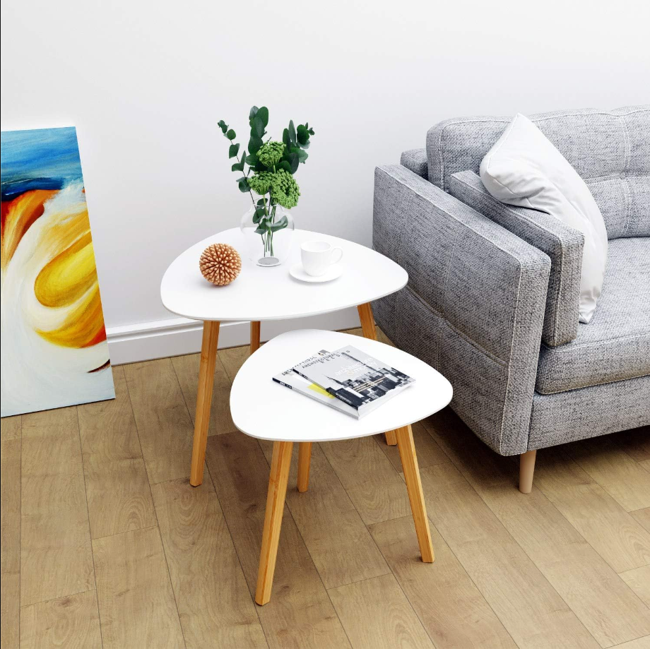 Bamboo Nesting Triangle End Table,Set of 2 Coffee Table Modern Minimalist Side Table for Living Room, Balcony in White