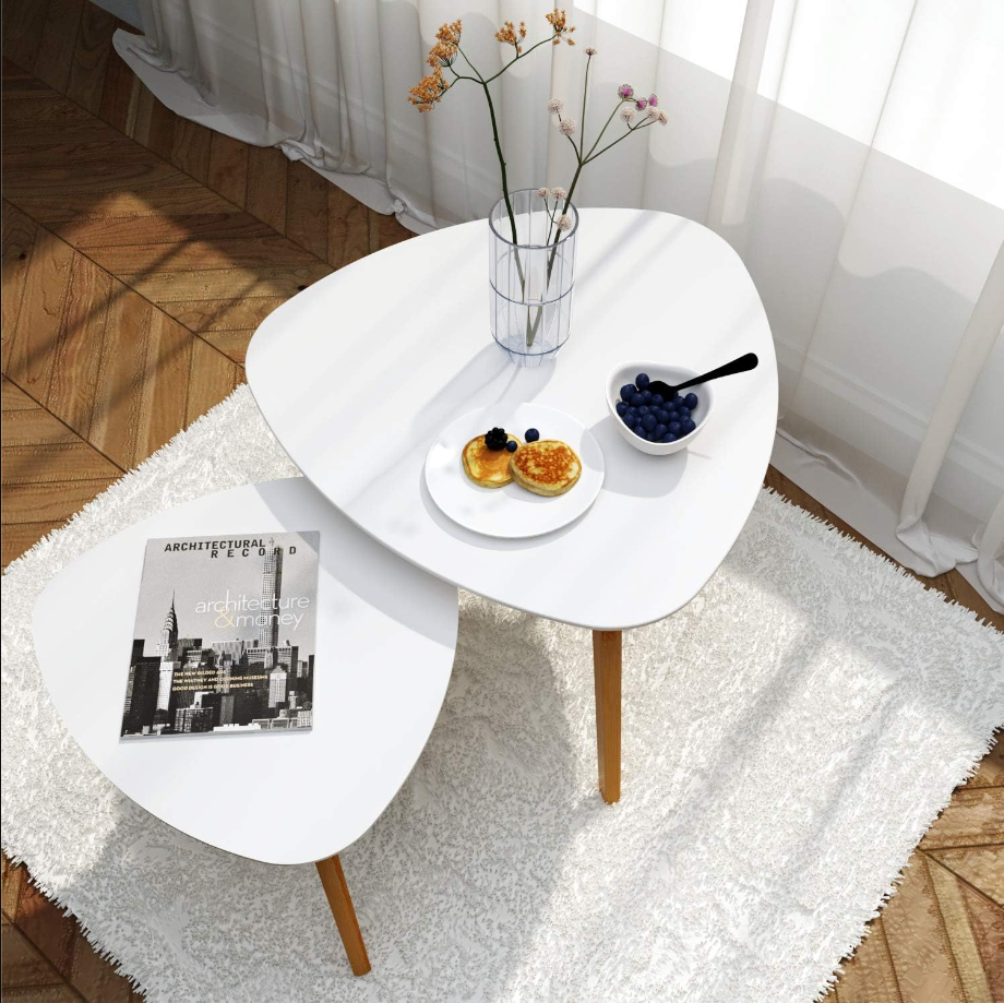 Bamboo Nesting Triangle End Table,Set of 2 Coffee Table Modern Minimalist Side Table for Living Room, Balcony in White