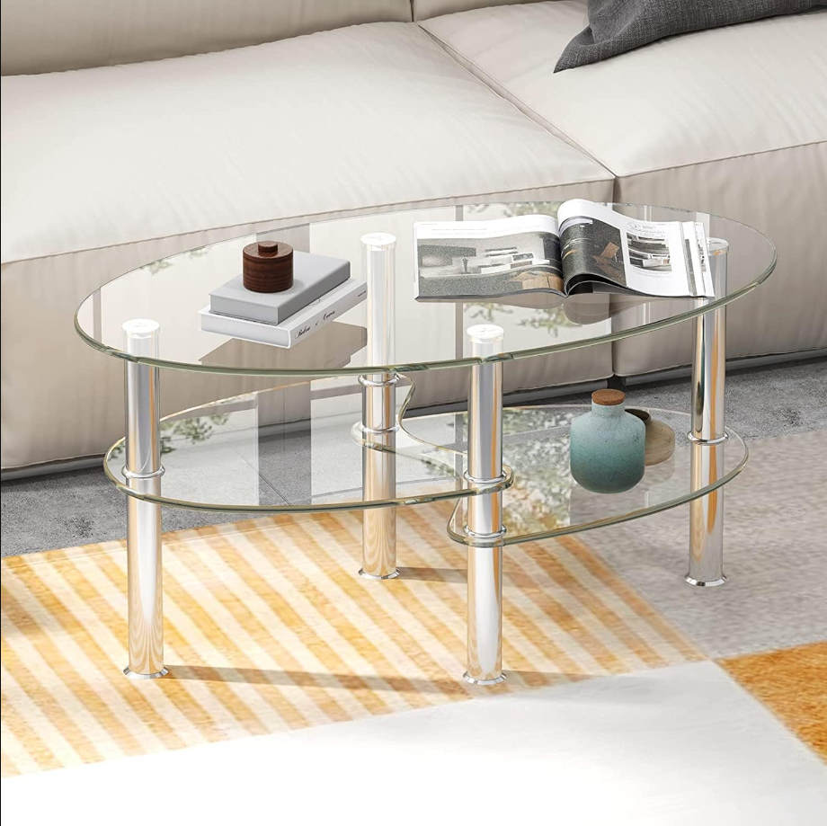Hysache Glass Coffee Table, Oval 3-Tier Modern Smooth Tea Table w/Spacious Glass Desk-Top, Shelf & Sturdy Chrome Plated Leg End Table Home Office Reception, Clear, 35.5 in x 20 in x 18 in (HW66281TR)