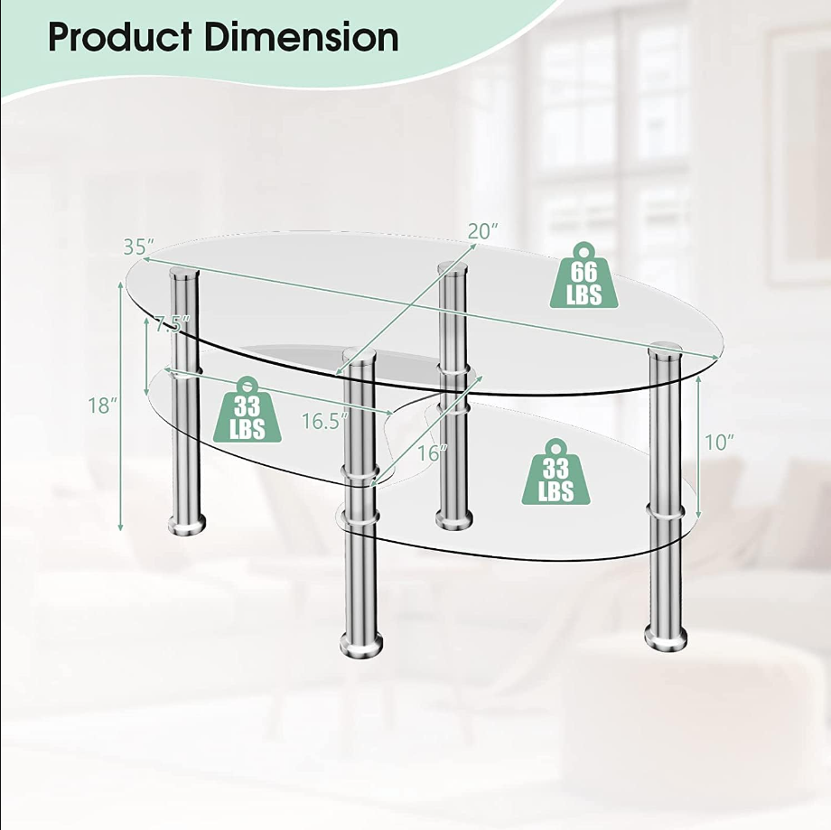 Hysache Glass Coffee Table, Oval 3-Tier Modern Smooth Tea Table w/Spacious Glass Desk-Top, Shelf & Sturdy Chrome Plated Leg End Table Home Office Reception, Clear, 35.5 in x 20 in x 18 in (HW66281TR)