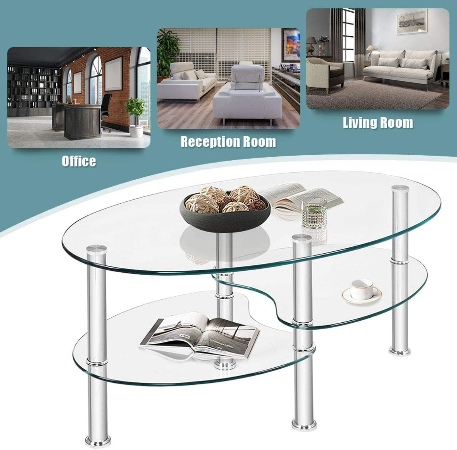 Hysache Glass Coffee Table, Oval 3-Tier Modern Smooth Tea Table w/Spacious Glass Desk-Top, Shelf & Sturdy Chrome Plated Leg End Table Home Office Reception, Clear, 35.5 in x 20 in x 18 in (HW66281TR)