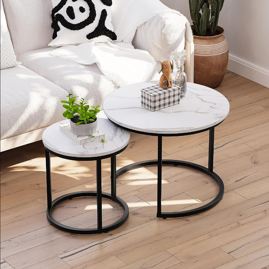 White Nesting Coffee Table Set of 2, 23.6" Round Coffee Table Wood Grain Top with Adjustable Non-Slip Feet, Industrial End Table Side Tables for Living Room Bedroom Balcony Yard