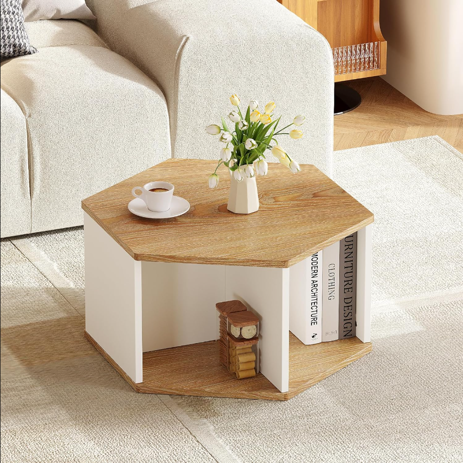 Coffee Table, Modern Decorative Coffee Center Table, Geometric Wood Coffee Table for Living Room with Storage Compartment Space