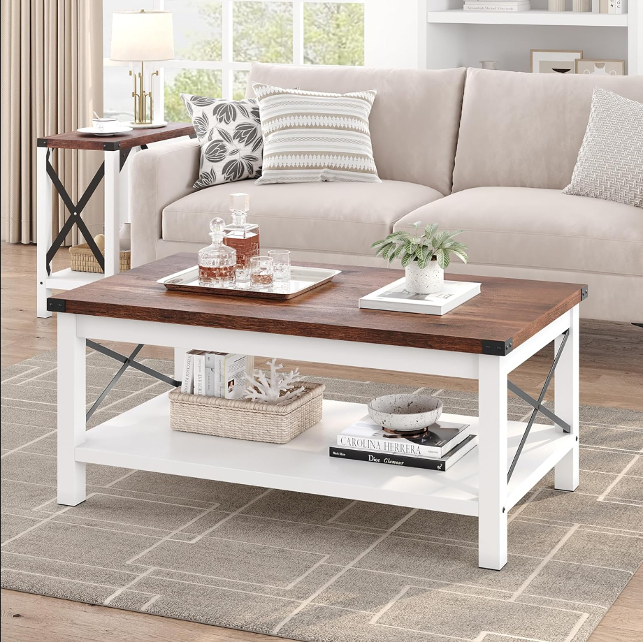 Coffee Table Farmhouse Center Table Living Room 2-Tier Rustic Cocktail Table Rectangle Wood Look Tea Table with Shelf and X Metal Frame, Easy Assembly
