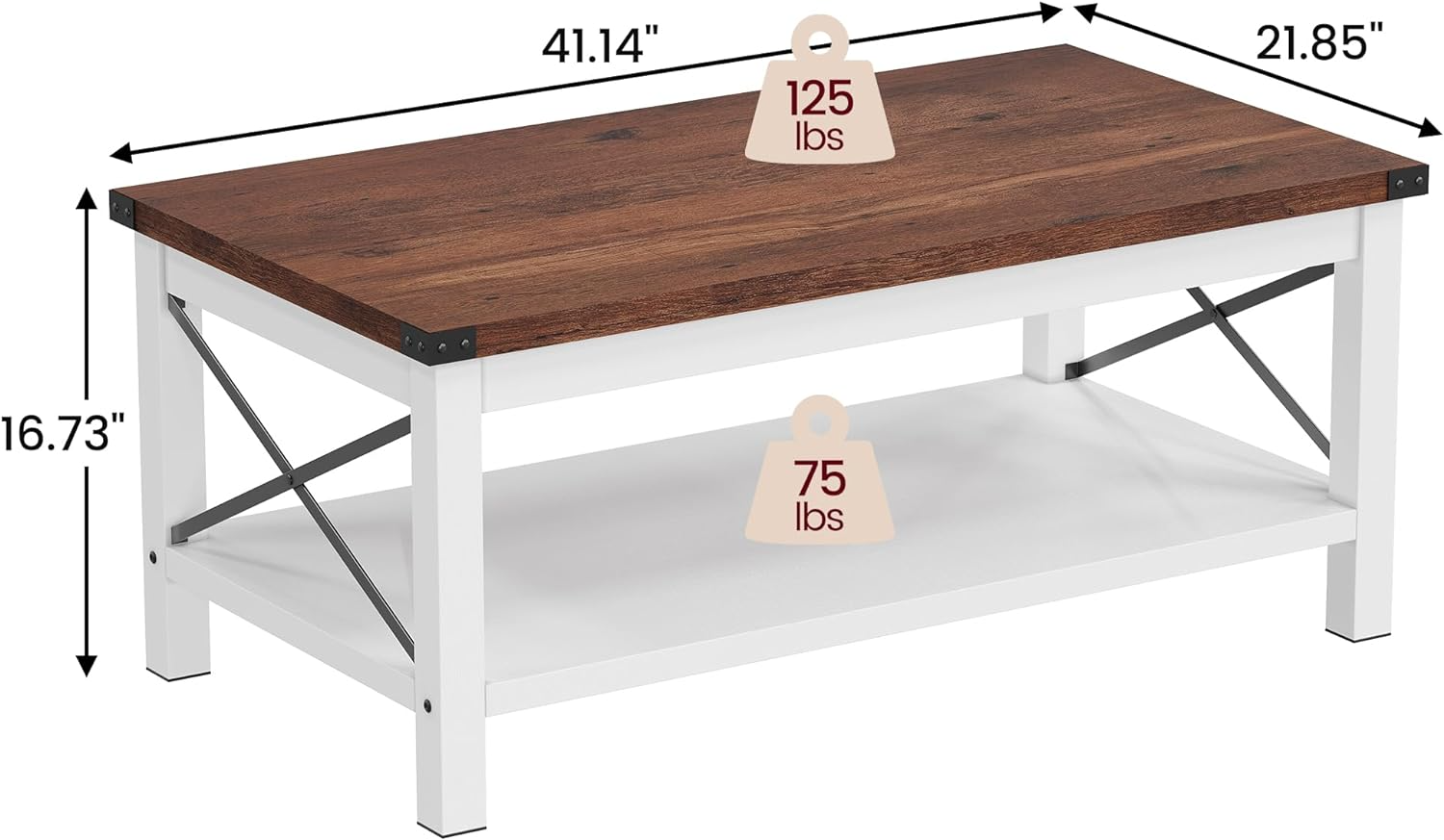 Coffee Table Farmhouse Center Table Living Room 2-Tier Rustic Cocktail Table Rectangle Wood Look Tea Table with Shelf and X Metal Frame, Easy Assembly