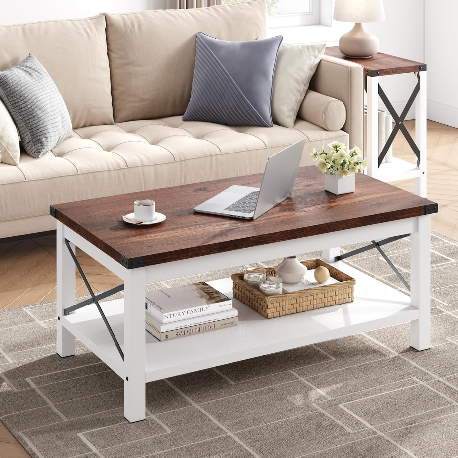 Coffee Table Farmhouse Center Table Living Room 2-Tier Rustic Cocktail Table Rectangle Wood Look Tea Table with Shelf and X Metal Frame, Easy Assembly